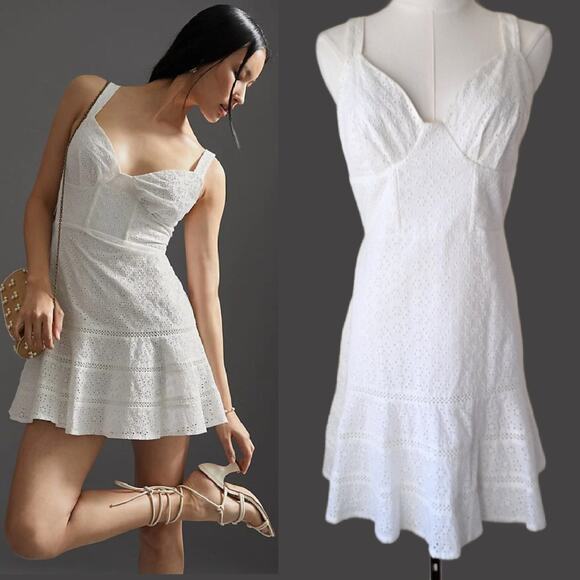 Anthropologie Dresses & Skirts - Anthropologie Mare Mare Tatum White Eyelet Mini Dress Large Flare Hem Coquette
